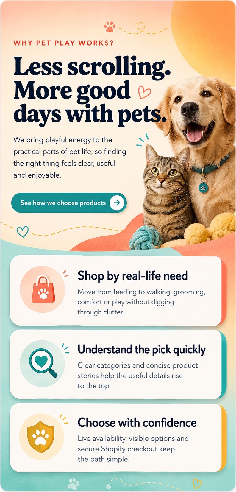 Why Pet Play Works: less scrolling and more good days with pets. Shop by real-life need, understand each pick quickly and choose with confidence.