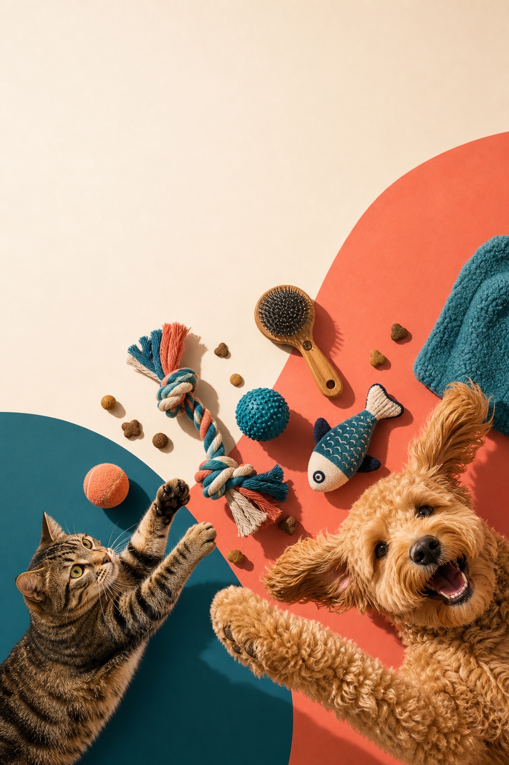 A playful dog and cat surrounded by toys, treats, grooming and comfort essentials