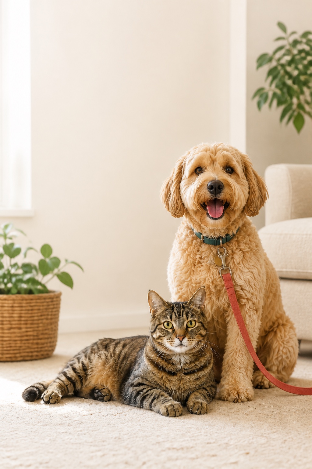 A happy dog and tabby cat relaxing together in a sunlit home